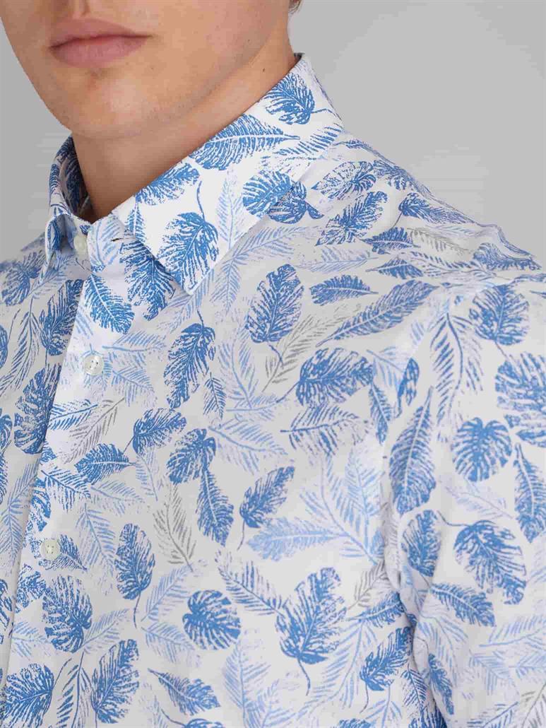 Beyaz Erkek Slim Fit Yaprak Desenli Brent Yaka Kısa Kol Gömlek - 63758