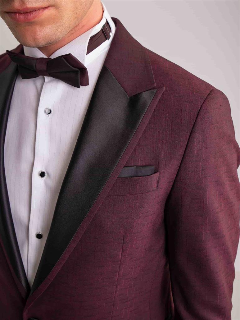 Bordo Erkek Modern Fit Çizgili Mono Yaka Smokin Takım 