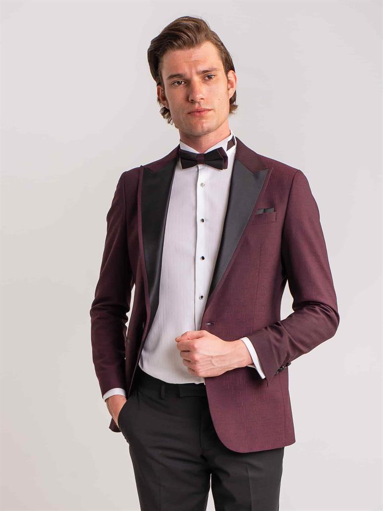 Bordo Erkek Modern Fit Çizgili Mono Yaka Smokin Takım 