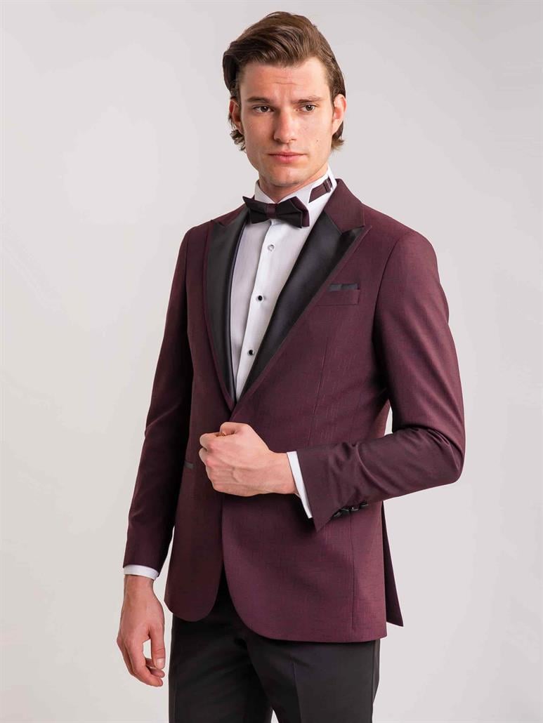 Bordo Erkek Modern Fit Çizgili Mono Yaka Smokin Takım 