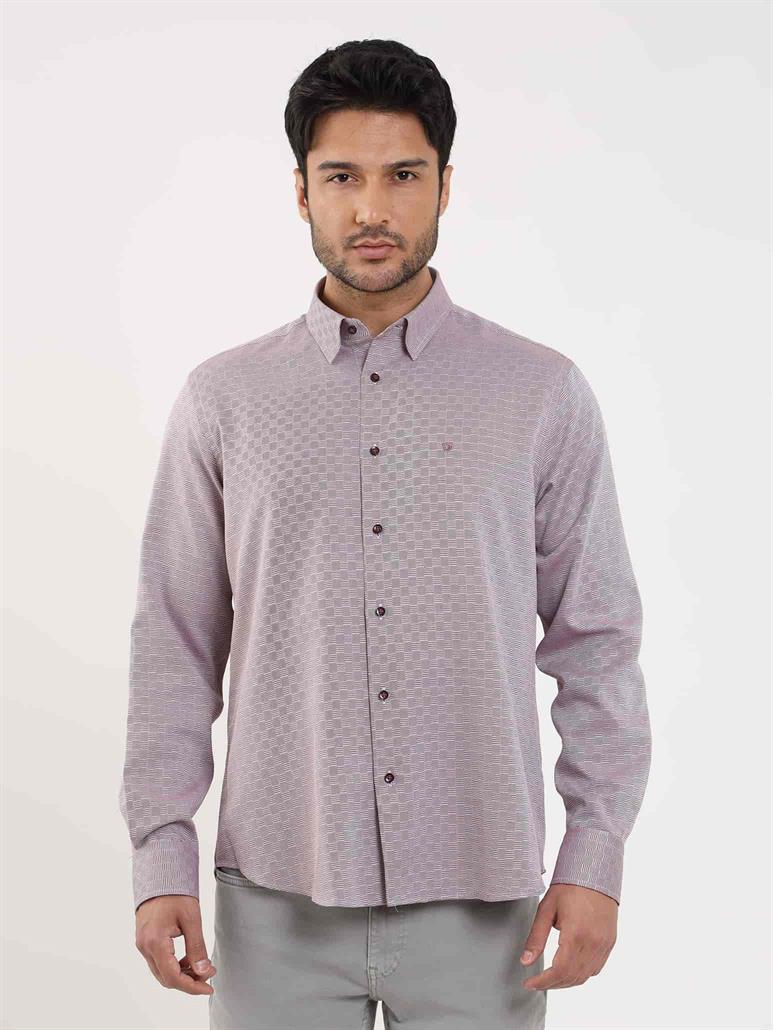 Bordo Erkek Regular Fit Armürlü Düğmeli Yaka Uzun Kol Gömlek 