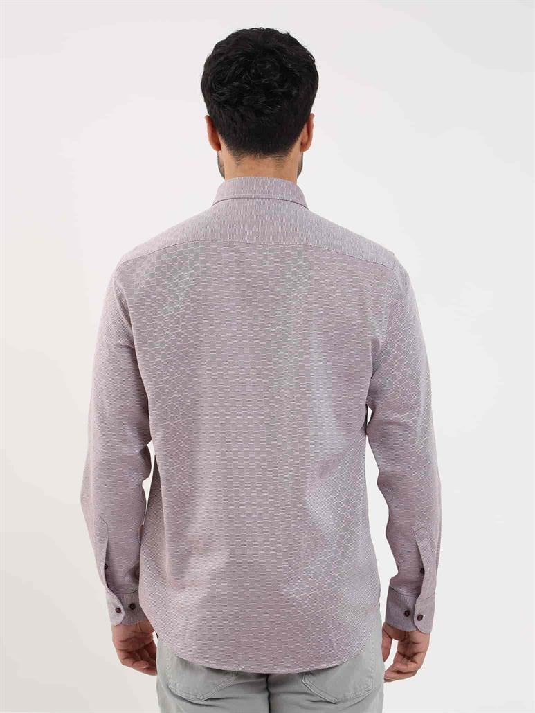 Bordo Erkek Regular Fit Armürlü Düğmeli Yaka Uzun Kol Gömlek 