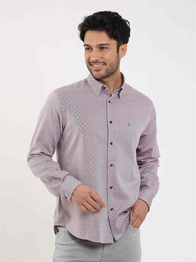 Bordo Erkek Regular Fit Armürlü Düğmeli Yaka Uzun Kol Gömlek 