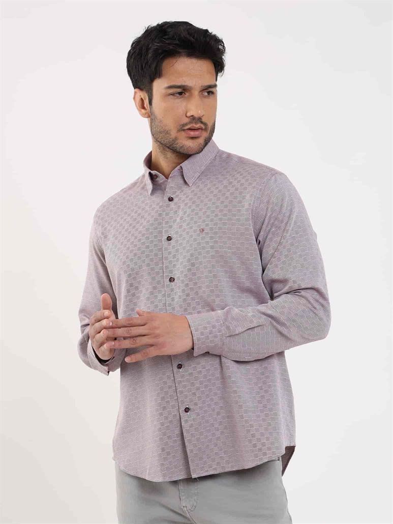 Bordo Erkek Regular Fit Armürlü Düğmeli Yaka Uzun Kol Gömlek 