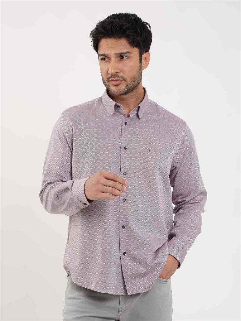 Bordo Erkek Regular Fit Armürlü Düğmeli Yaka Uzun Kol Gömlek 