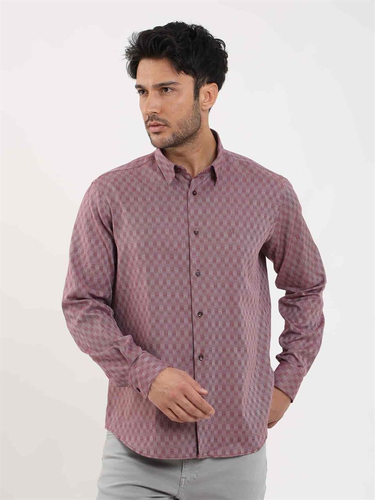 Bordo Erkek Regular Fit Desenli Düğmeli Yaka Uzun Kol Gömlek 