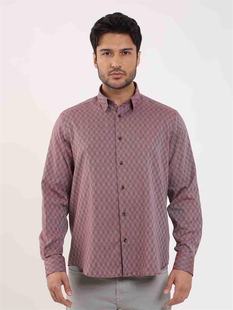 Bordo Erkek Regular Fit Desenli Düğmeli Yaka Uzun Kol Gömlek 