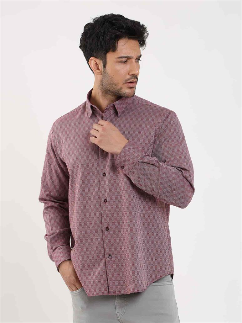 Bordo Erkek Regular Fit Desenli Düğmeli Yaka Uzun Kol Gömlek 