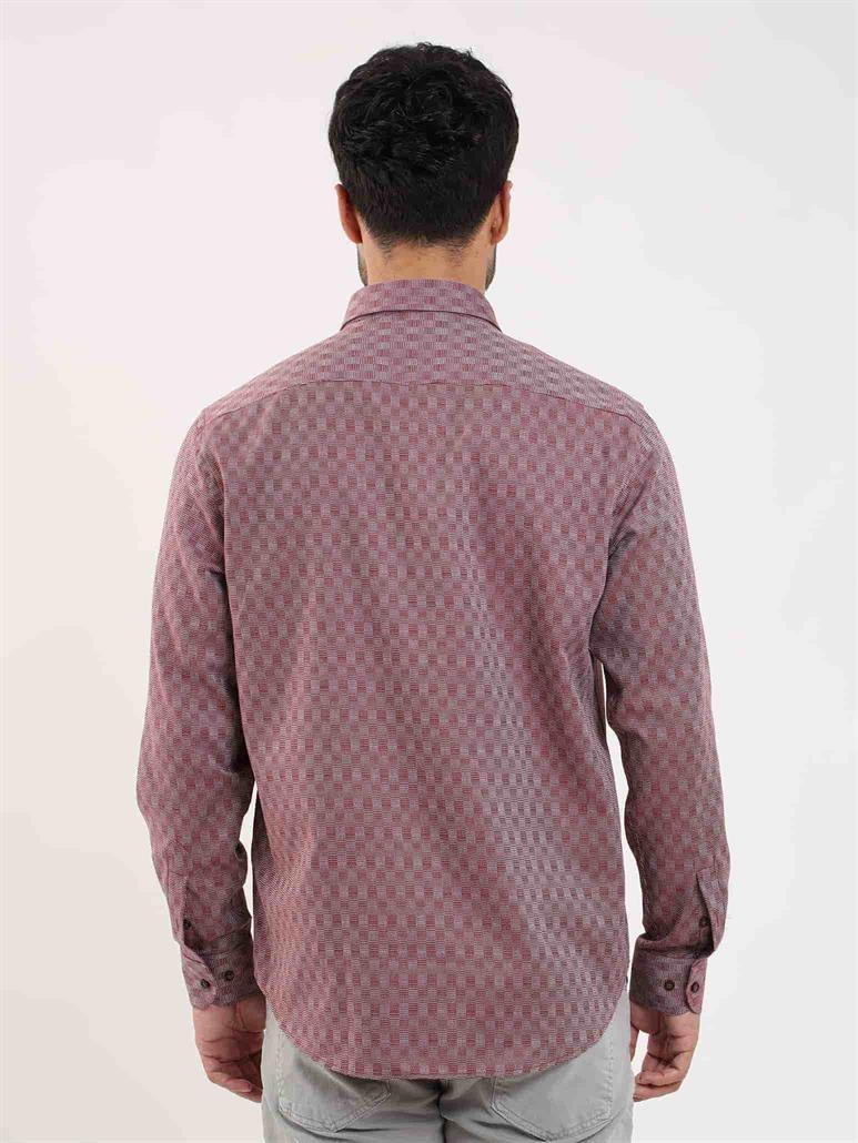 Bordo Erkek Regular Fit Desenli Düğmeli Yaka Uzun Kol Gömlek 