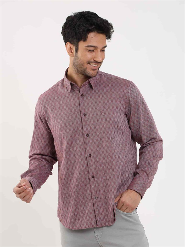 Bordo Erkek Regular Fit Desenli Düğmeli Yaka Uzun Kol Gömlek 