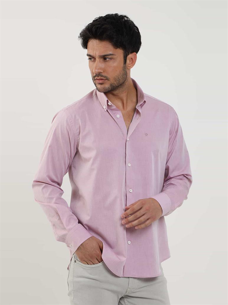 Bordo Erkek Regular Fit Düz Brent Düğmeli Yaka Uzun Kol Gömlek 