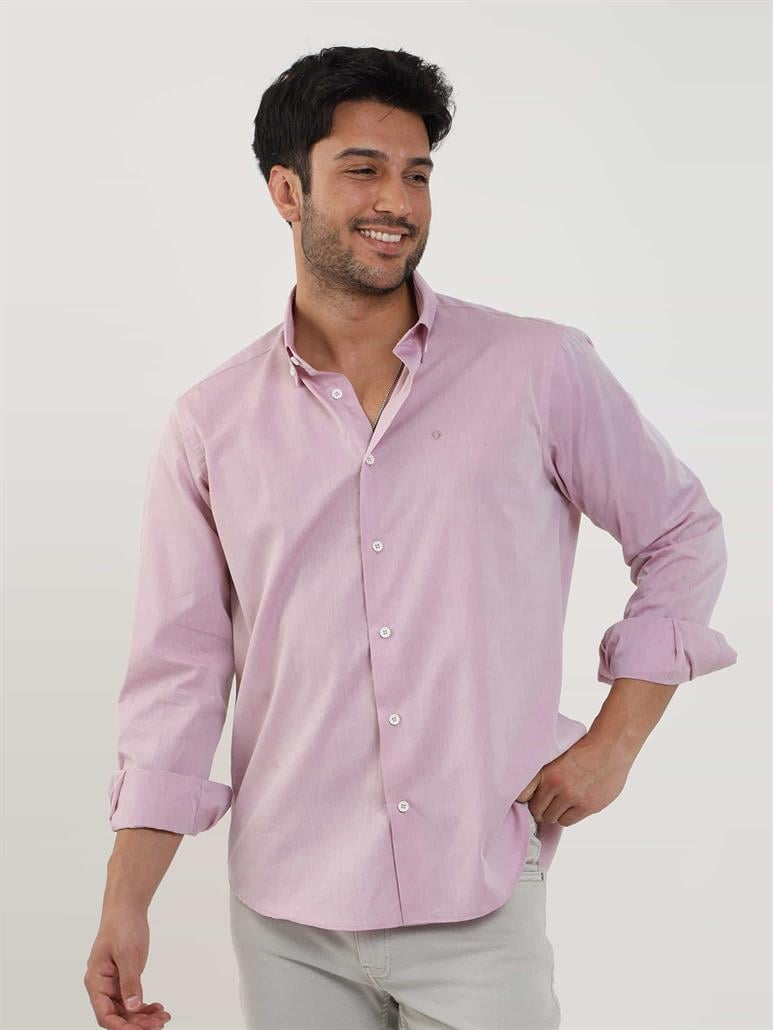 Bordo Erkek Regular Fit Düz Brent Düğmeli Yaka Uzun Kol Gömlek 