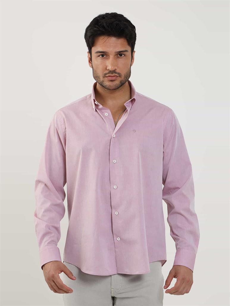 Bordo Erkek Regular Fit Düz Brent Düğmeli Yaka Uzun Kol Gömlek 