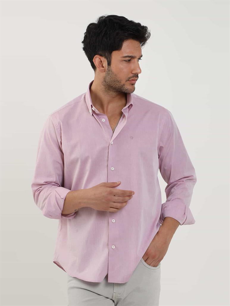 Bordo Erkek Regular Fit Düz Brent Düğmeli Yaka Uzun Kol Gömlek 