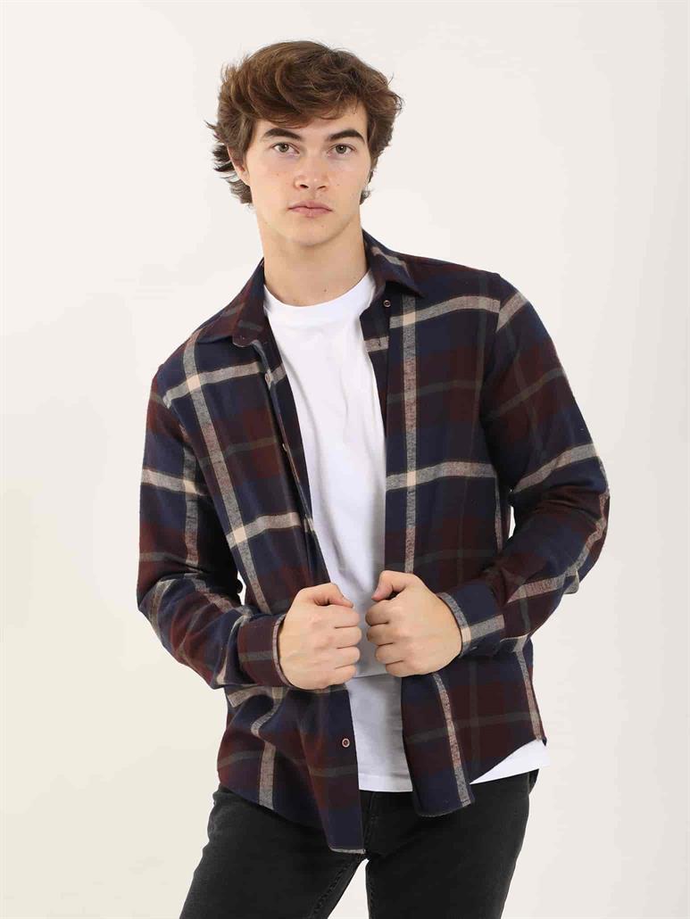 Bordo Erkek Regular Fit Ekose Desenli Klasik Yaka Uzun Kol Oduncu Gömlek 