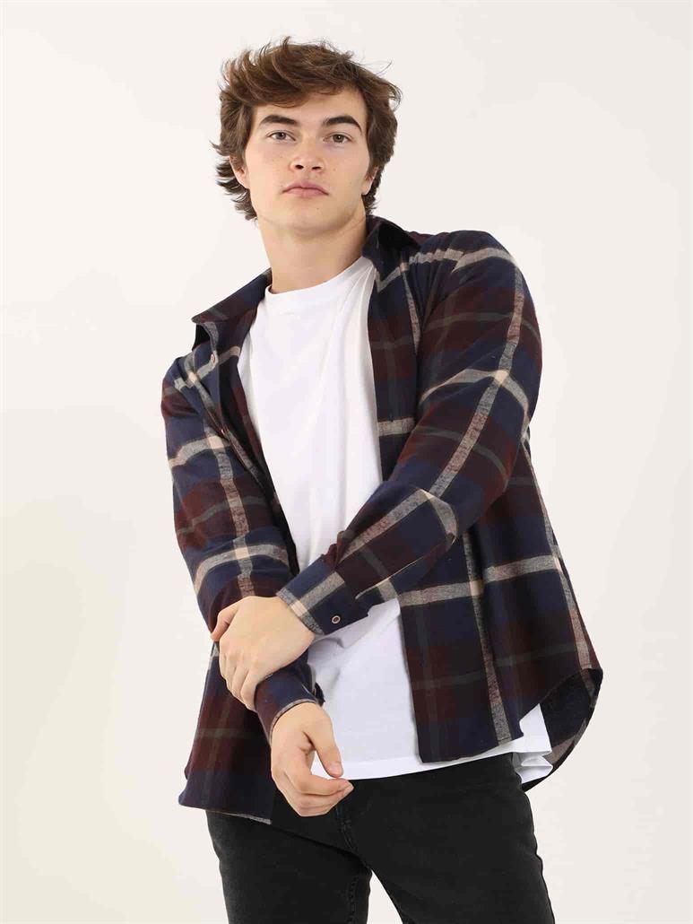 Bordo Erkek Regular Fit Ekose Desenli Klasik Yaka Uzun Kol Oduncu Gömlek 