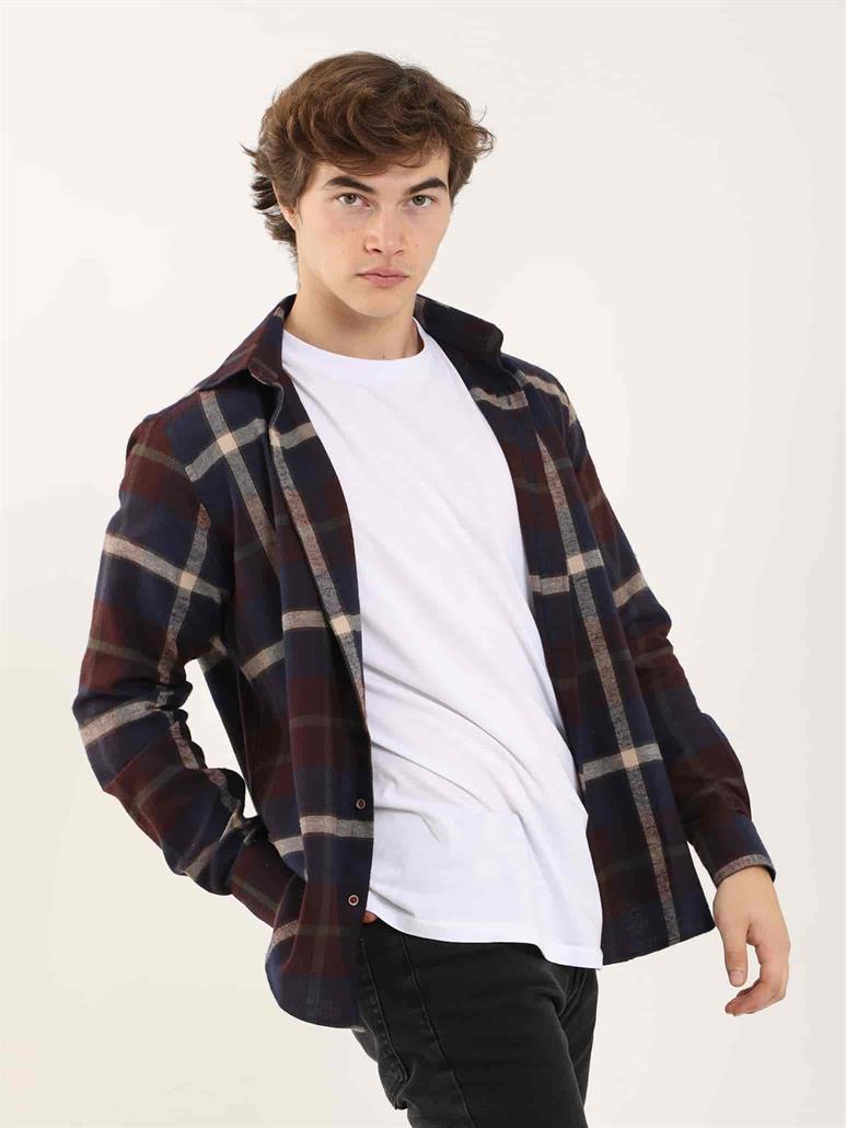 Bordo Erkek Regular Fit Ekose Desenli Klasik Yaka Uzun Kol Oduncu Gömlek 