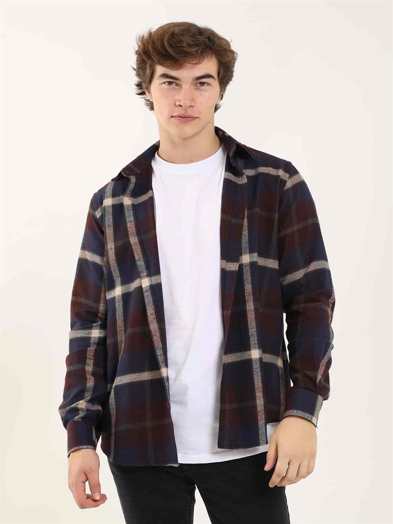 Bordo Erkek Regular Fit Ekose Desenli Klasik Yaka Uzun Kol Oduncu Gömlek 