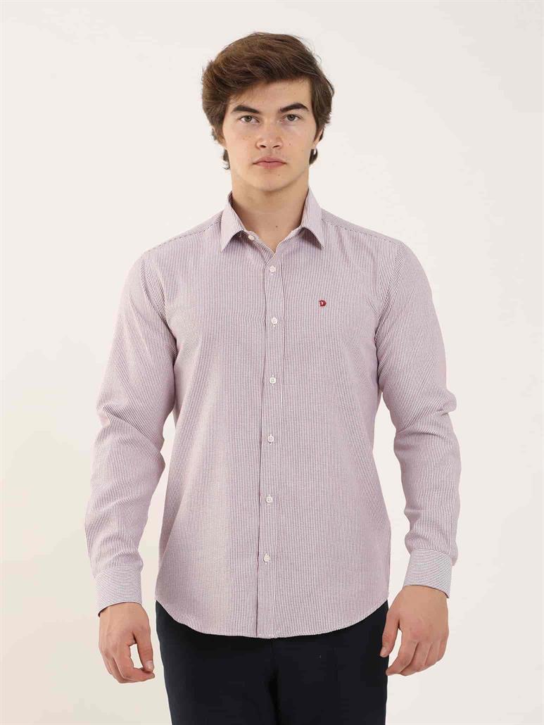 Bordo Erkek Slim Fit Çizgili Brent Yaka Uzun Kol Gömlek 