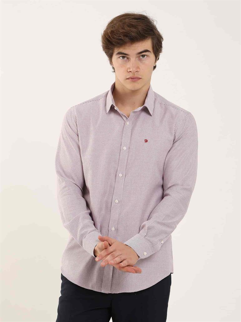 Bordo Erkek Slim Fit Çizgili Brent Yaka Uzun Kol Gömlek 