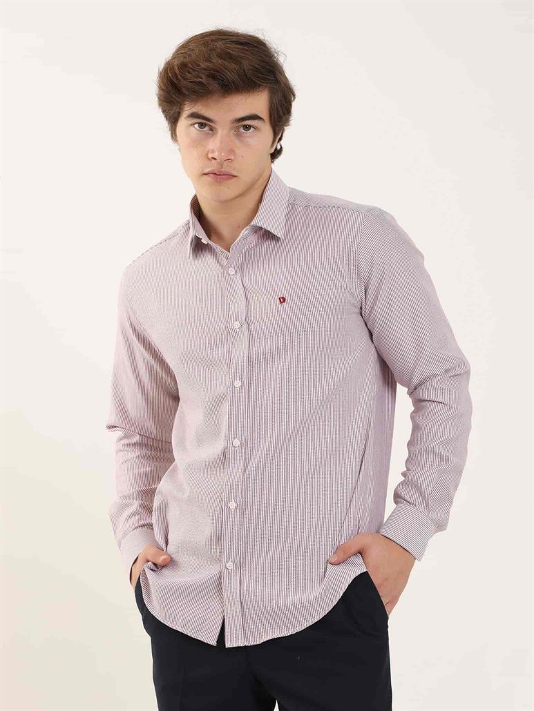 Bordo Erkek Slim Fit Çizgili Brent Yaka Uzun Kol Gömlek 