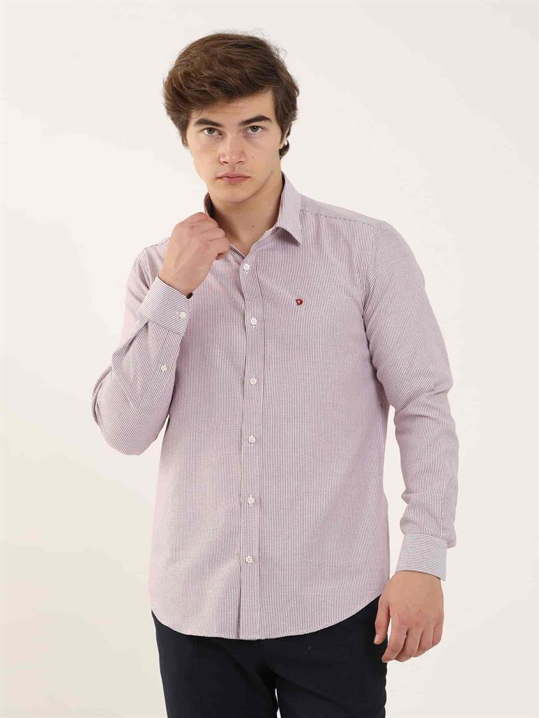 Bordo Erkek Slim Fit Çizgili Brent Yaka Uzun Kol Gömlek 