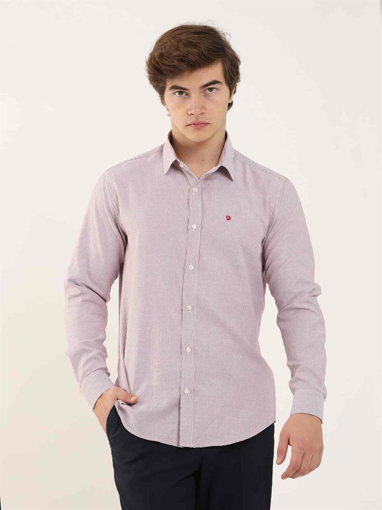 Bordo Erkek Slim Fit Çizgili Brent Yaka Uzun Kol Gömlek 