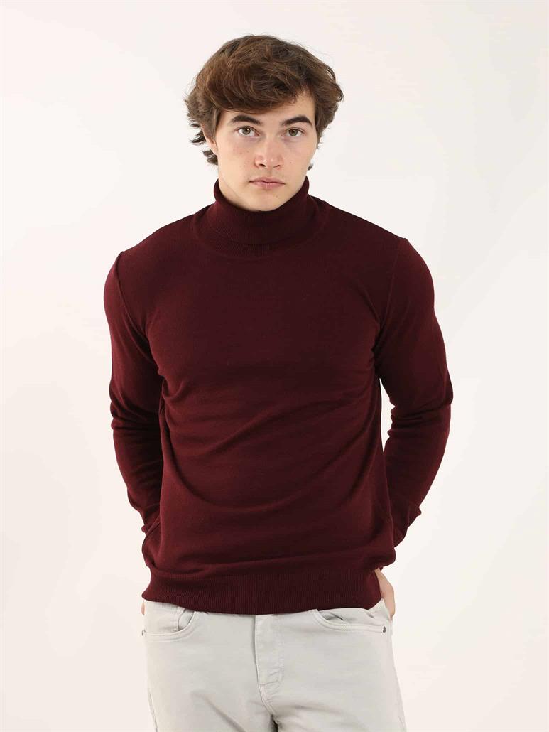 Bordo Erkek Slim Fit Düz Klasik Tam Balıkçı Yaka Triko 