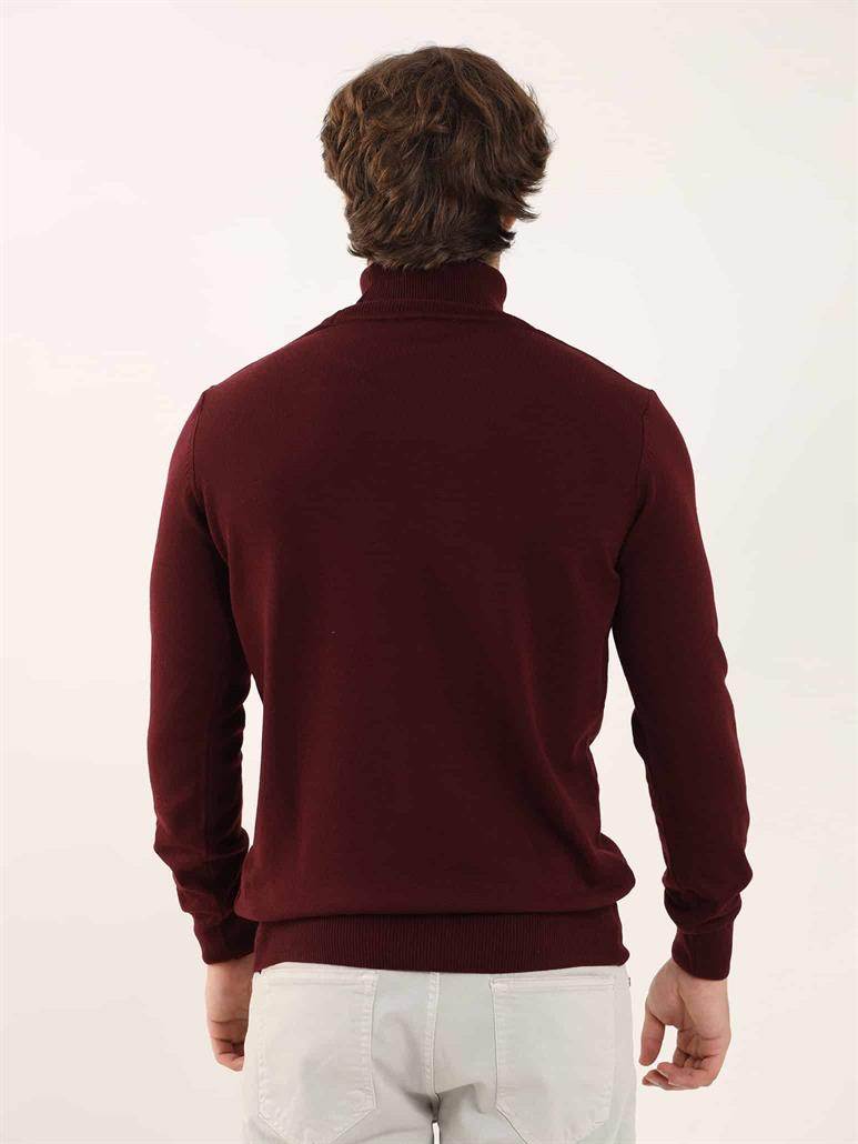 Bordo Erkek Slim Fit Düz Klasik Tam Balıkçı Yaka Triko 