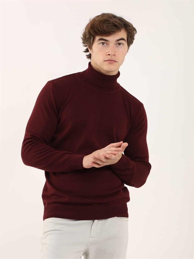 Bordo Erkek Slim Fit Düz Klasik Tam Balıkçı Yaka Triko 
