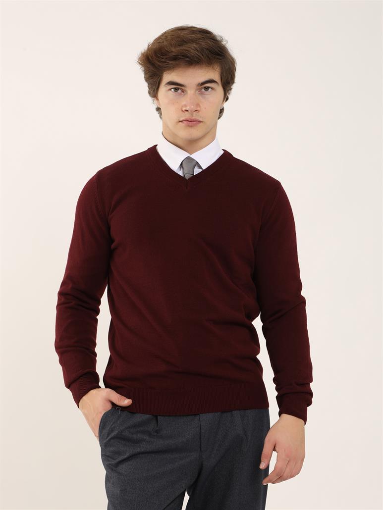 Bordo Erkek Slim Fit Düz Klasik V Yaka Triko 