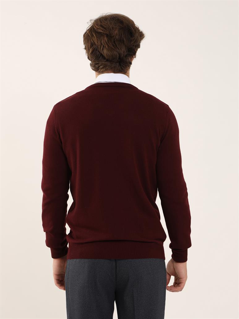 Bordo Erkek Slim Fit Düz Klasik V Yaka Triko 