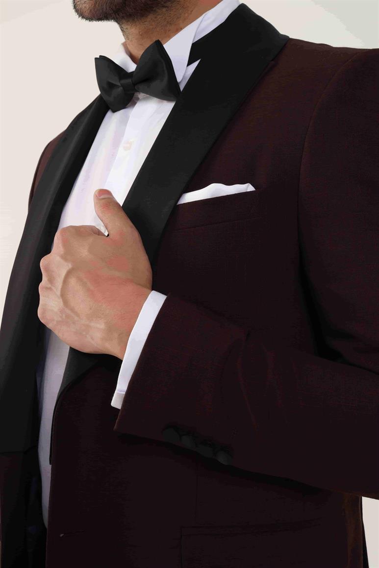 Bordo Erkek Slim Fit Düz Sivri Yaka Smokin Takım 