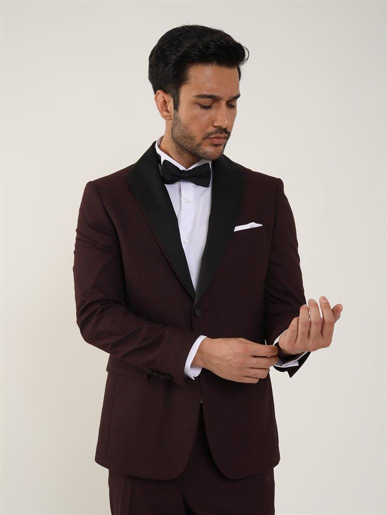 Bordo Erkek Slim Fit Düz Sivri Yaka Smokin Takım 