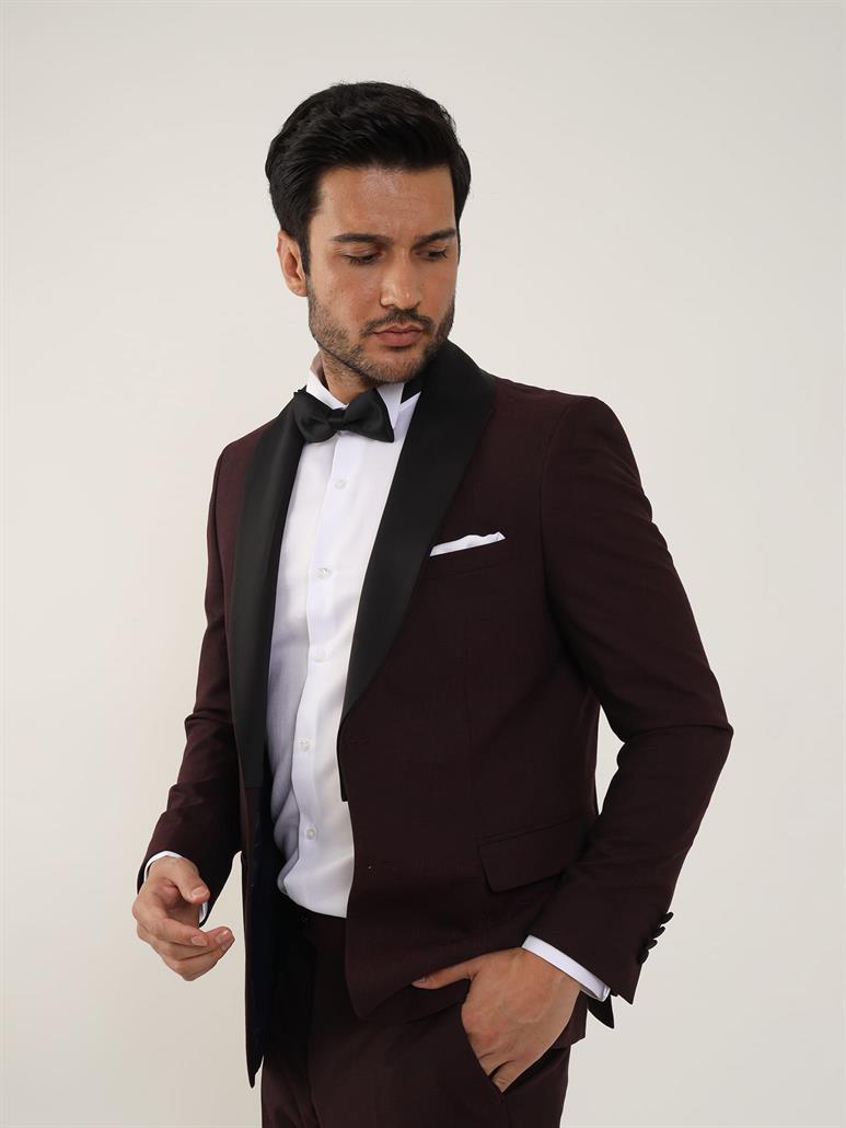 Bordo Erkek Slim Fit Düz Sivri Yaka Smokin Takım 