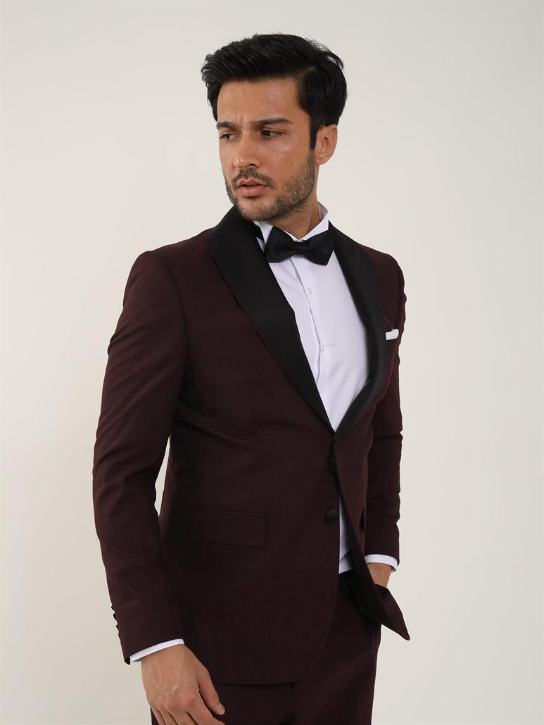 Bordo Erkek Slim Fit Düz Sivri Yaka Smokin Takım 