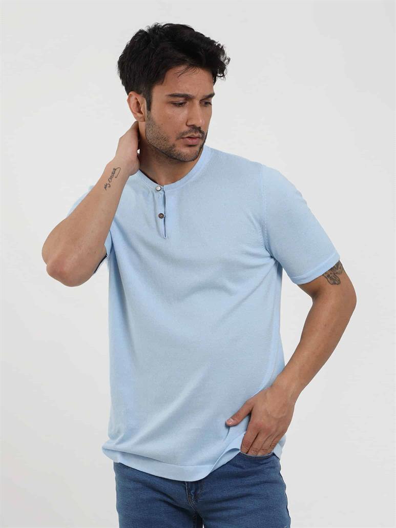 Buz Mavisi Erkek Slim Fit Düz Düğmeli O Yaka Triko 