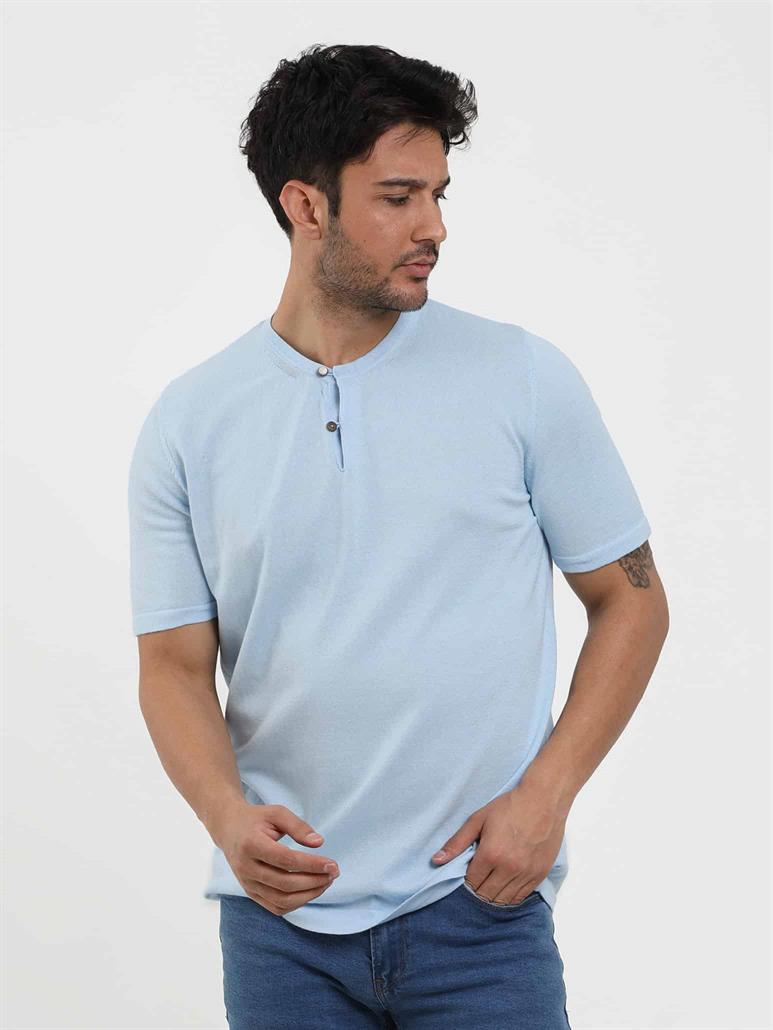 Buz Mavisi Erkek Slim Fit Düz Düğmeli O Yaka Triko 