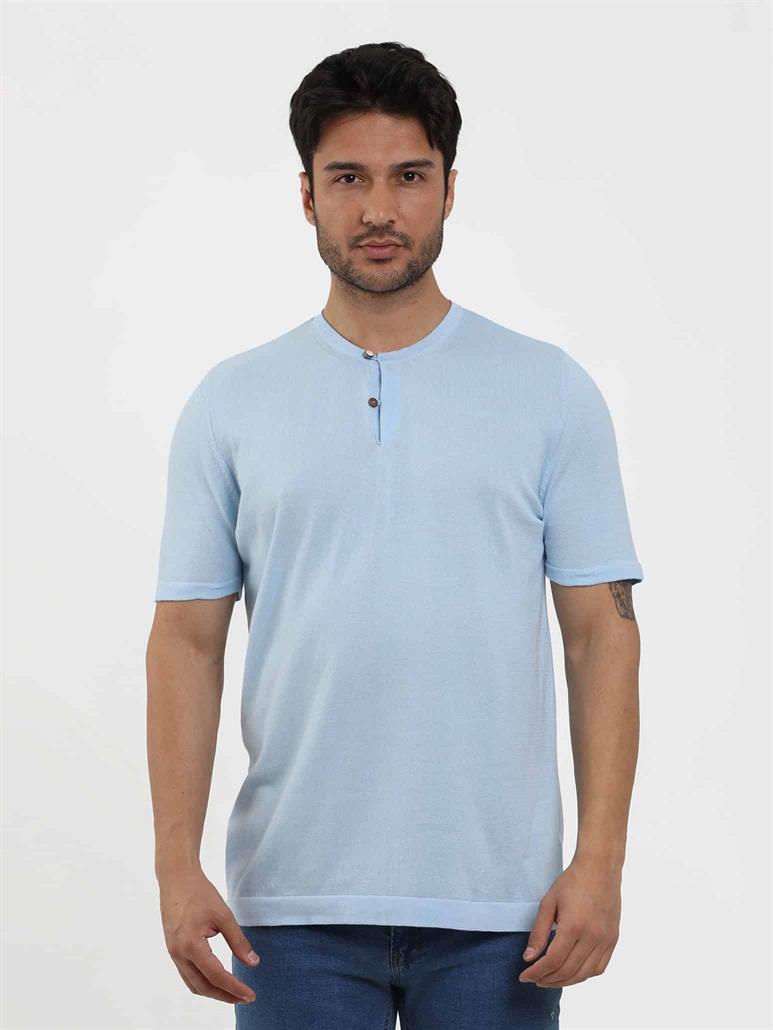 Buz Mavisi Erkek Slim Fit Düz Düğmeli O Yaka Triko 