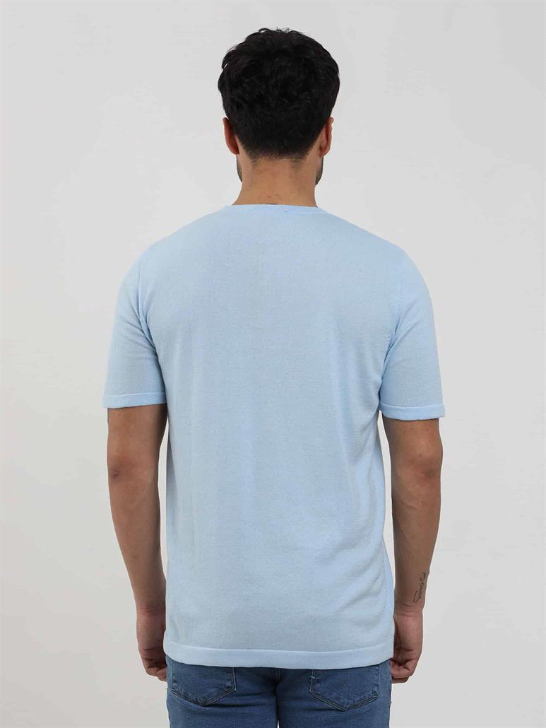 Buz Mavisi Erkek Slim Fit Düz Düğmeli O Yaka Triko 