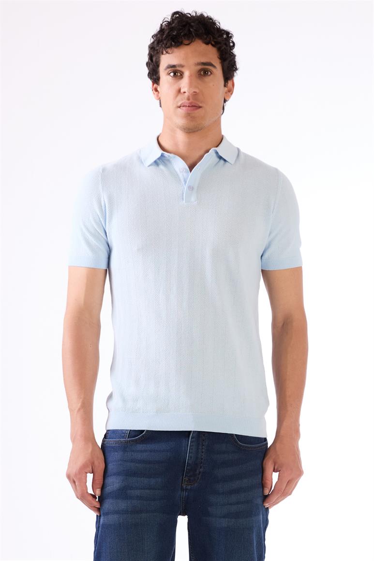 Dufy Buz Mavisi Erkek Slim Fit Balıksırtı Desenli Polo Yaka Triko - 104566