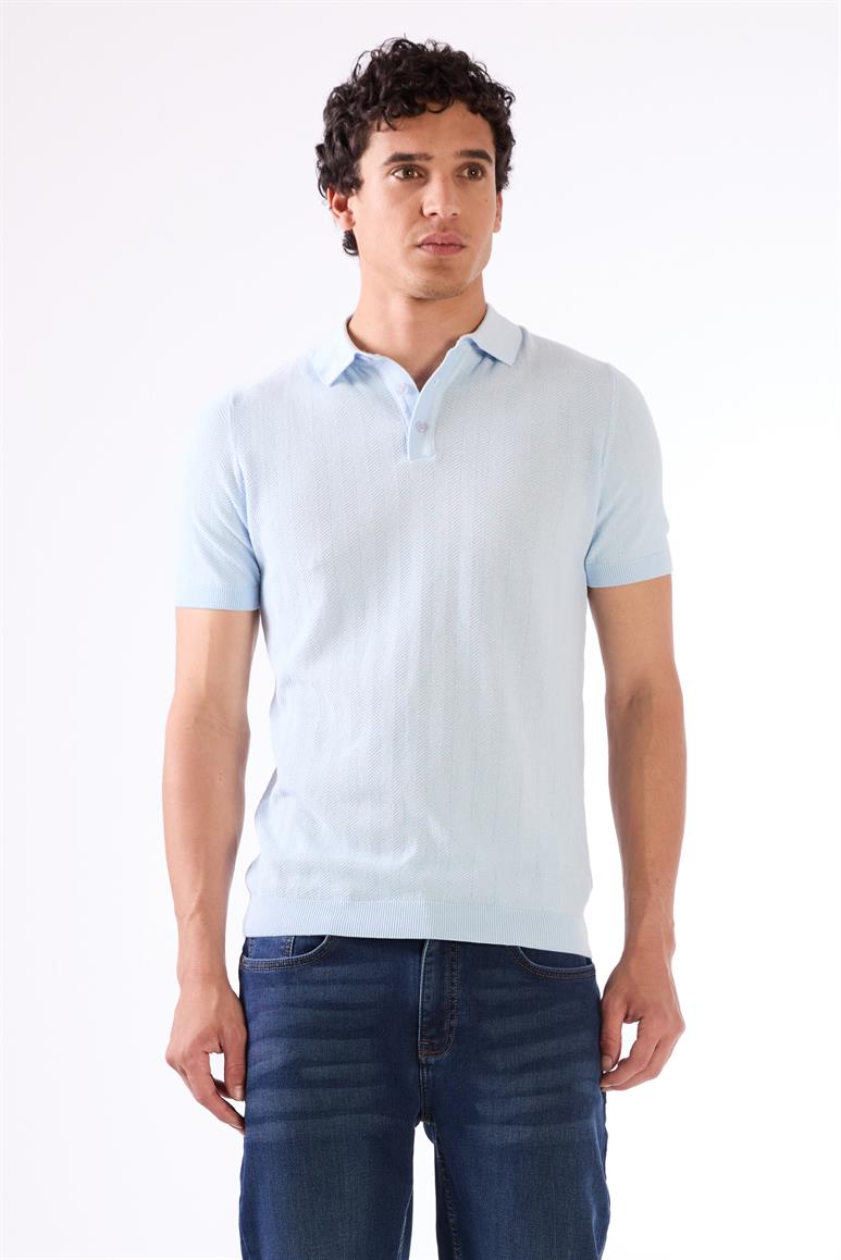 Dufy Buz Mavisi Erkek Slim Fit Balıksırtı Desenli Polo Yaka Triko - 104566