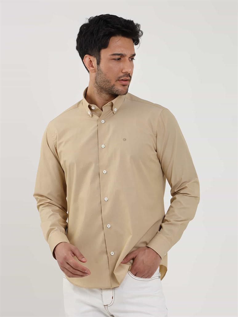 Camel Erkek Regular Fit Düz Brent Düğmeli Yaka Uzun Kol Gömlek 