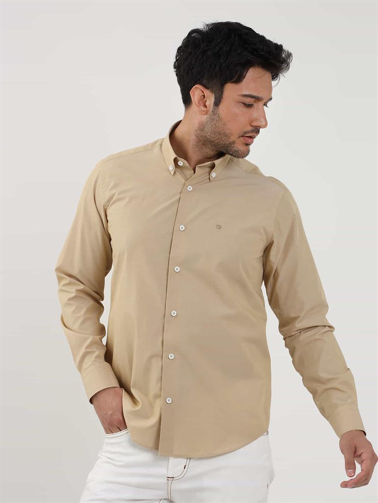 Camel Erkek Regular Fit Düz Brent Düğmeli Yaka Uzun Kol Gömlek 