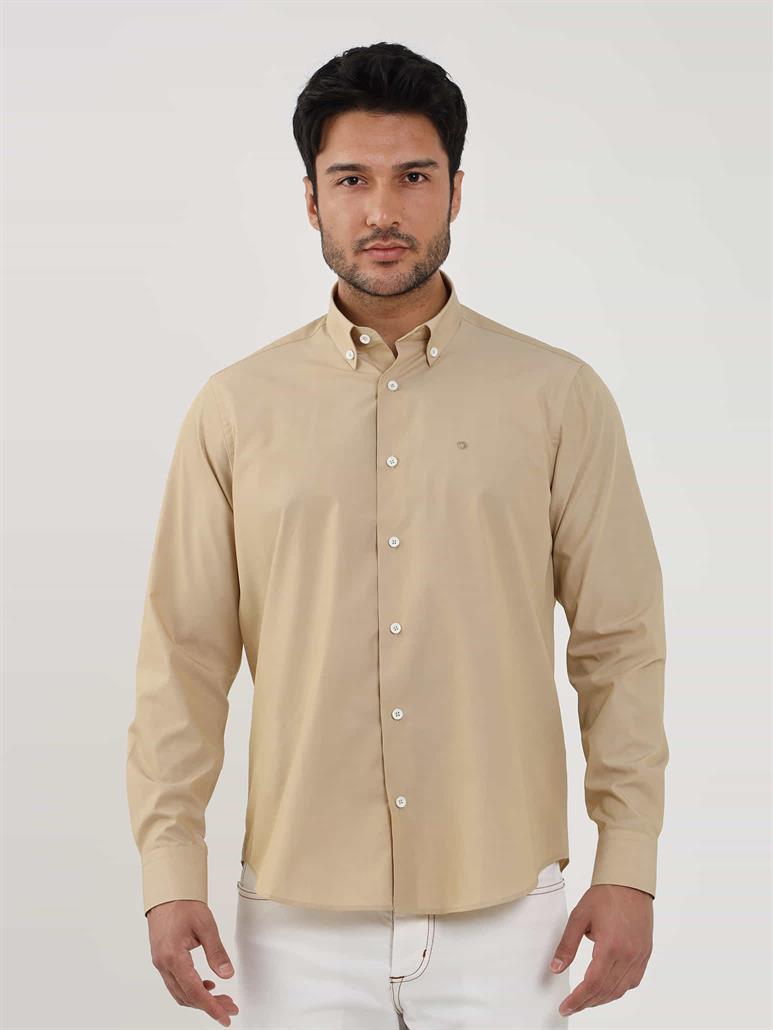 Camel Erkek Regular Fit Düz Brent Düğmeli Yaka Uzun Kol Gömlek 
