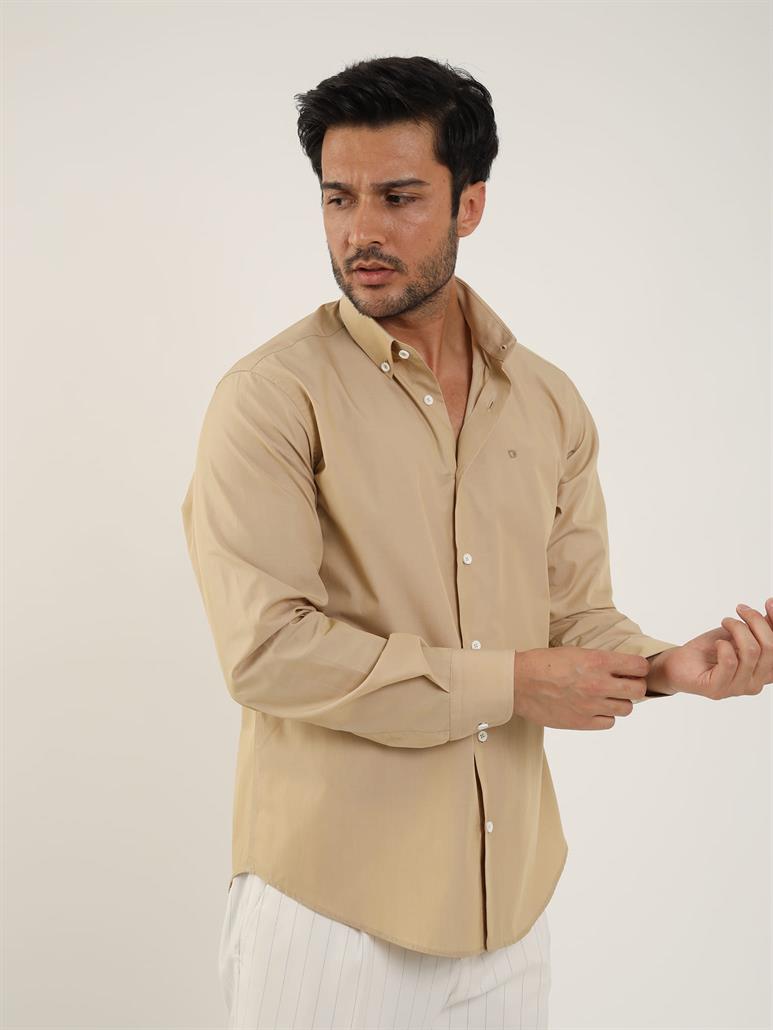 Camel Erkek Regular Fit Düz Brent Düğmeli Yaka Uzun Kol Gömlek 