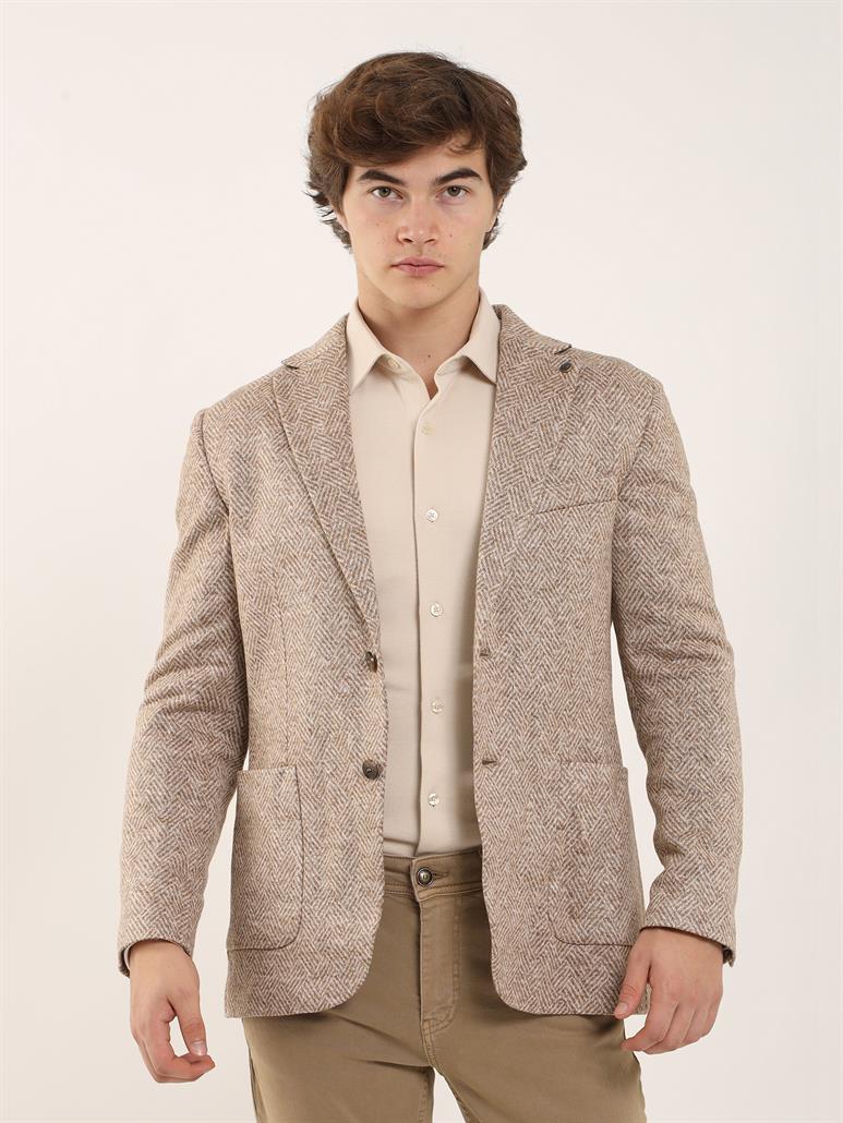 Camel Erkek Slim Fit Desenli Casual Mono Yaka Ceket 