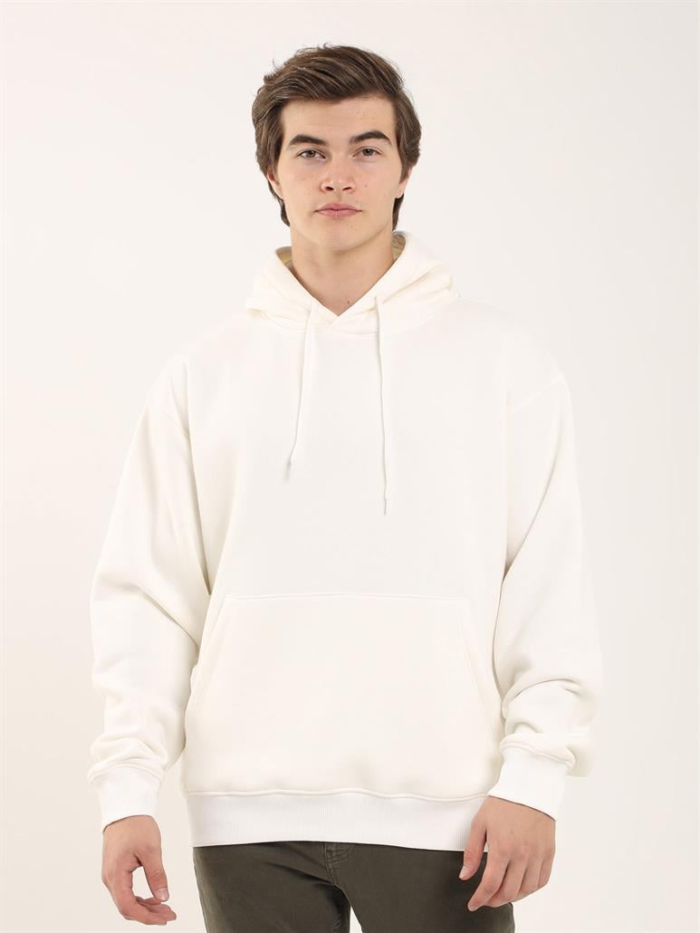 Ekru Erkek Oversize Düz Pamuklu Kapüşonlu Sweatshirt 