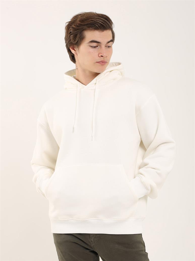 Ekru Erkek Oversize Düz Pamuklu Kapüşonlu Sweatshirt 
