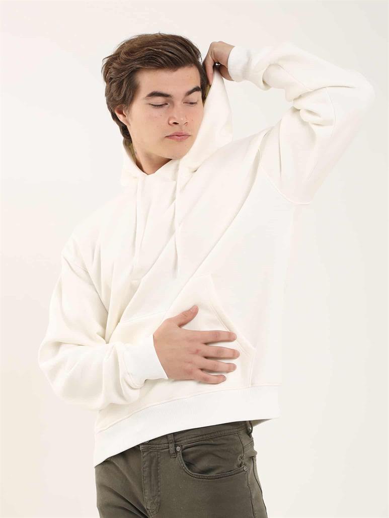Ekru Erkek Oversize Düz Pamuklu Kapüşonlu Sweatshirt 